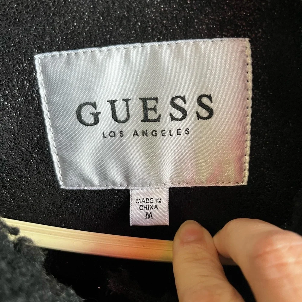 Guess Black Faux Leather Shearling Aviator Jacket Size M- Moto Biker Style - Picture 5 of 6